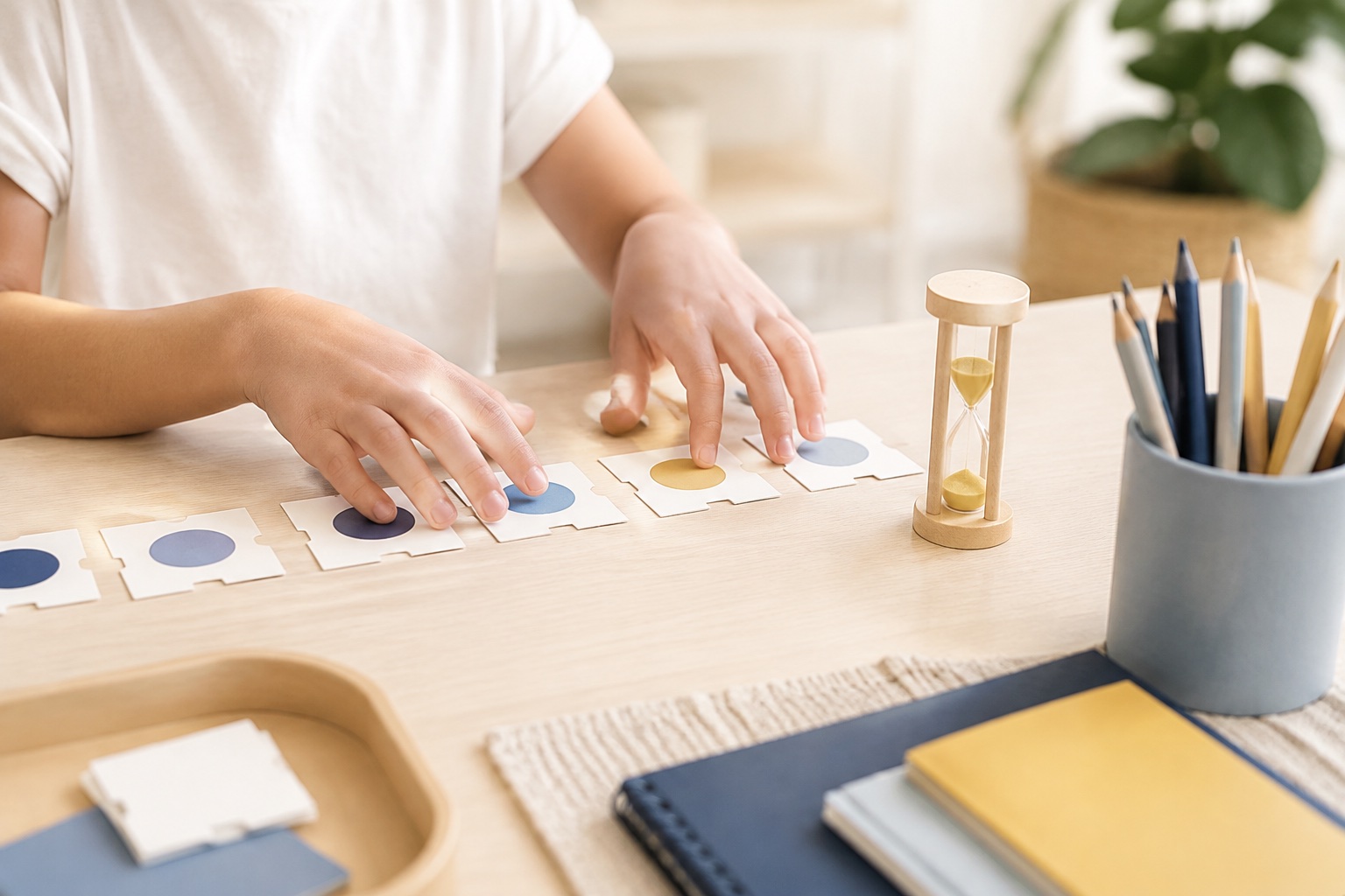 A child’s hands arranging blank activity cards beside pencils and a small sand timer
