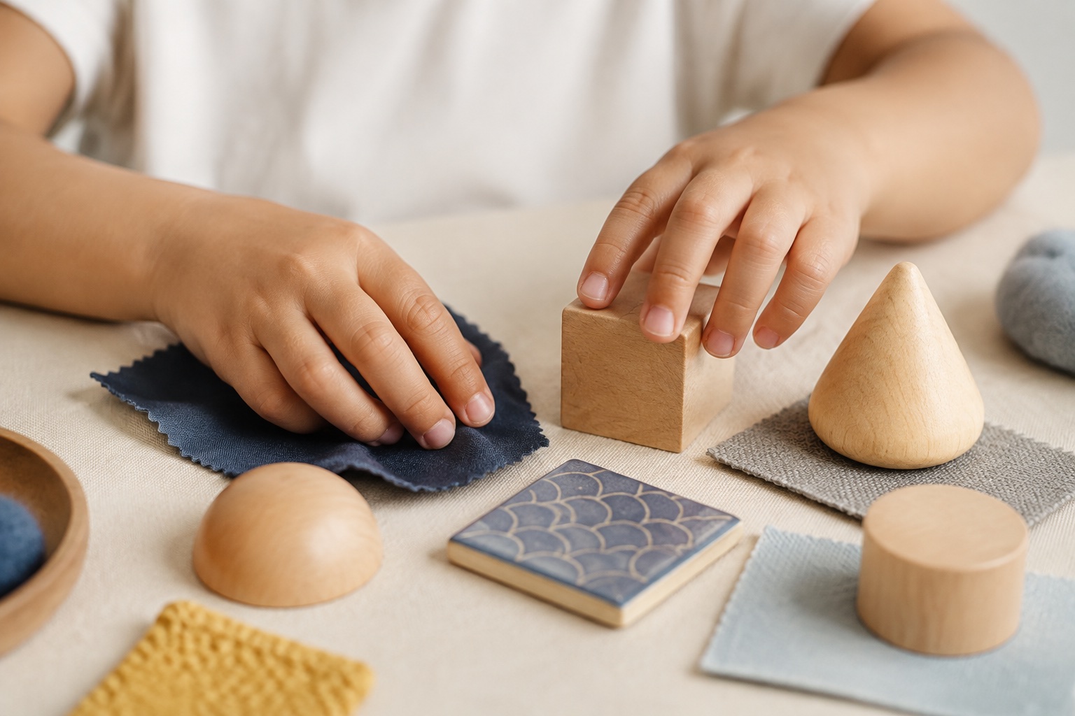 A child’s hands exploring wooden shapes and soft textured materials