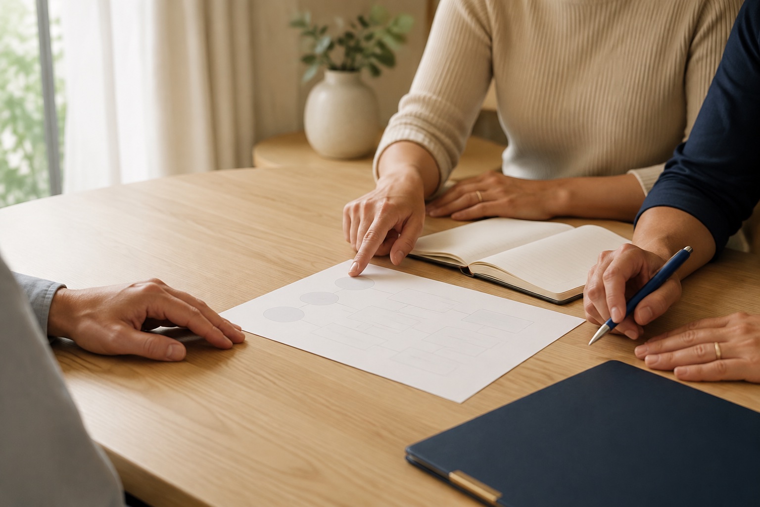 A clinician and client reviewing a care plan together without faces shown