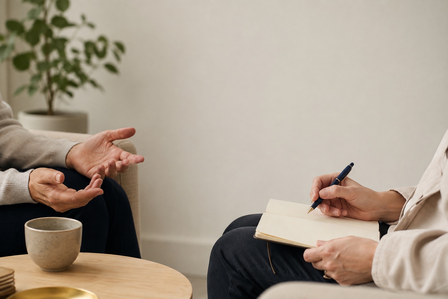 A calm therapy setting with a notebook and two chairs, without faces shown