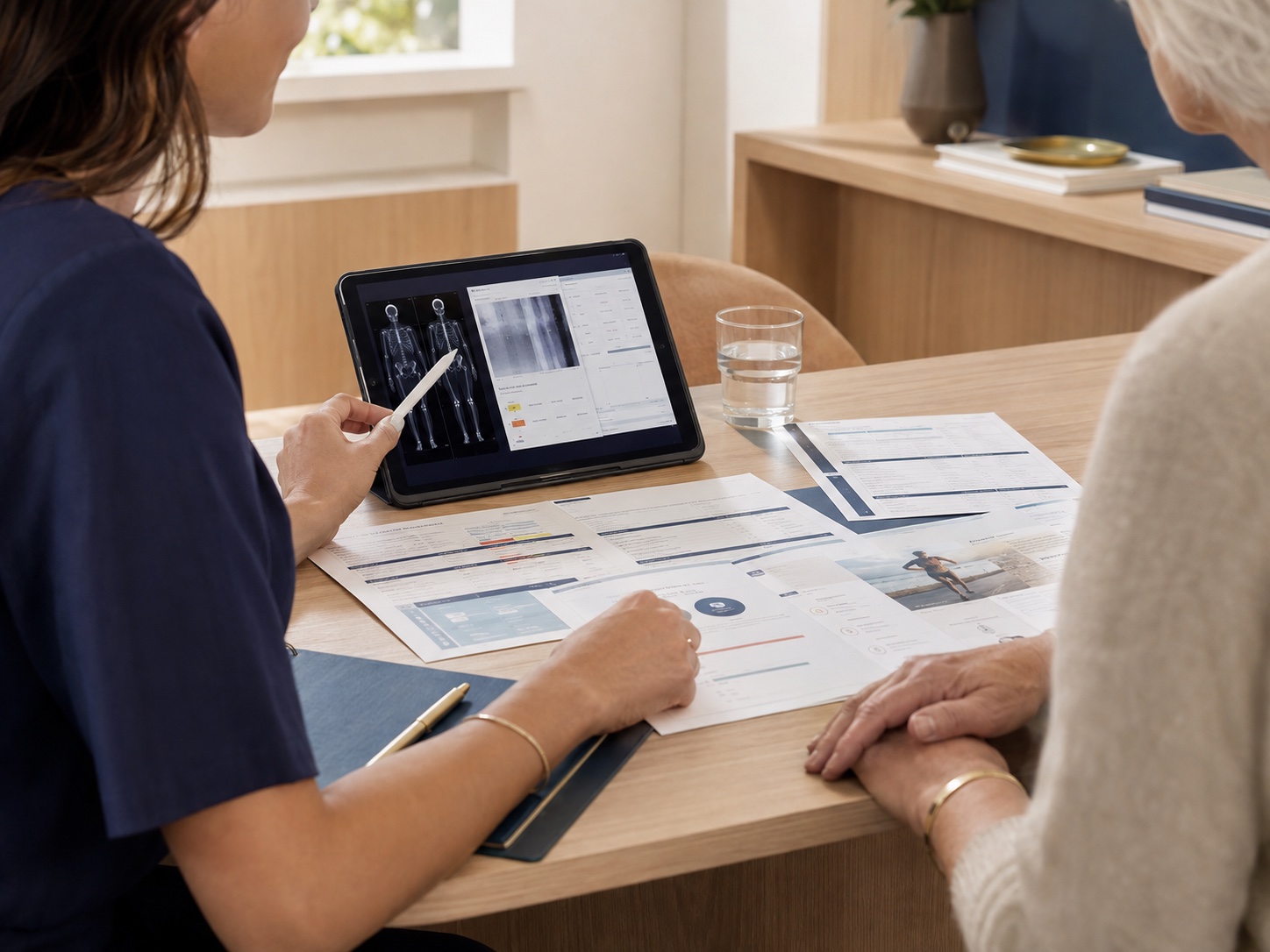A physician and older adult reviewing investigations and a bone-health scan together