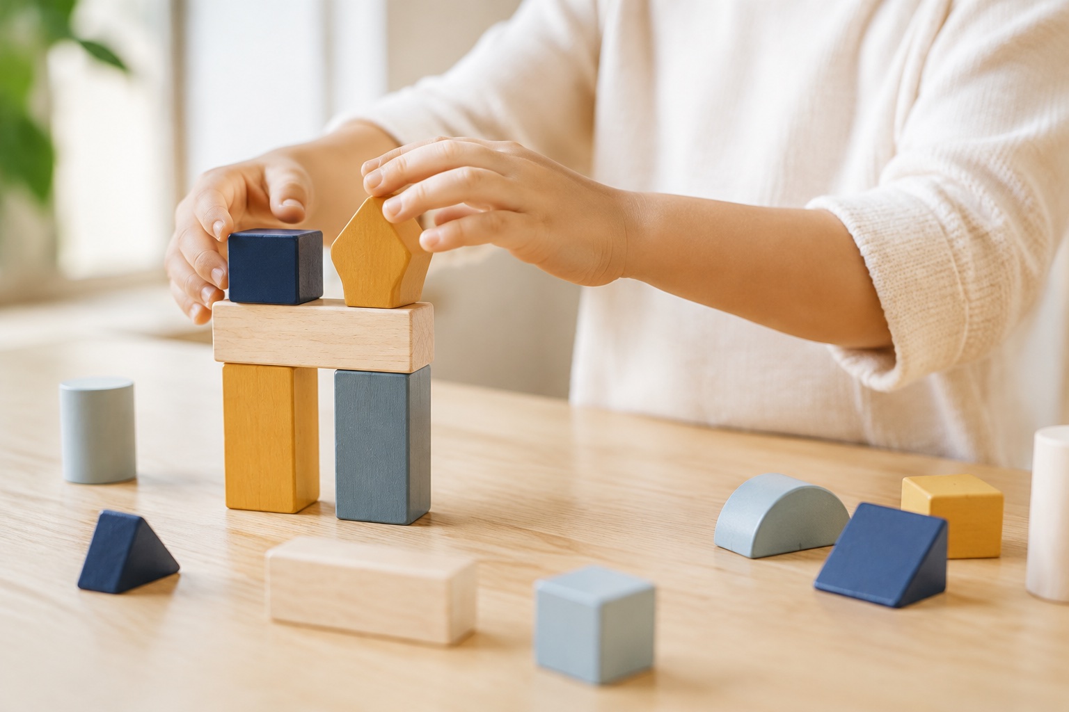 A child’s hands arranging navy, gold and pale wooden blocks